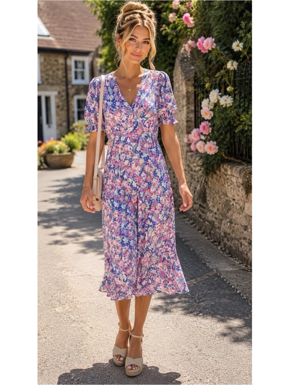 Faithfull The Brand Maggie Ondine Floral Print Midi Dress Cottagecore, size 4